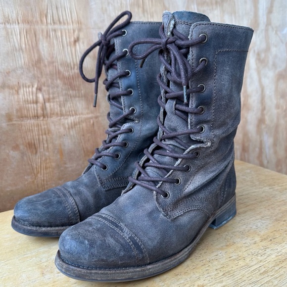 All Saints Spitalfields Gray Brown Combat Moto Lace Up Side Zip Distressed Boot - Picture 1 of 15